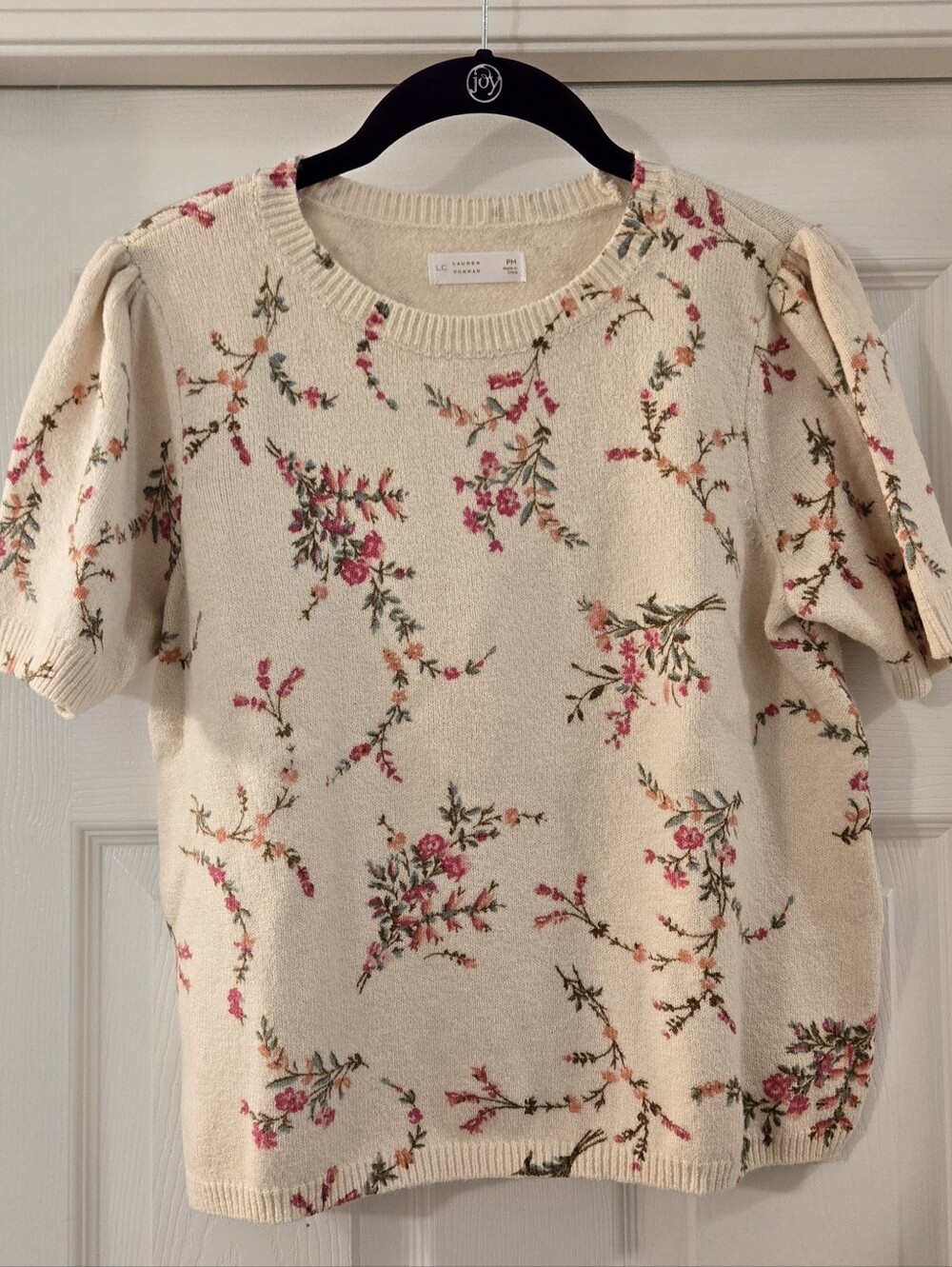 LC Lauren Conrad Cream Sweater with Pink and Green Floral Accents - Size: PM